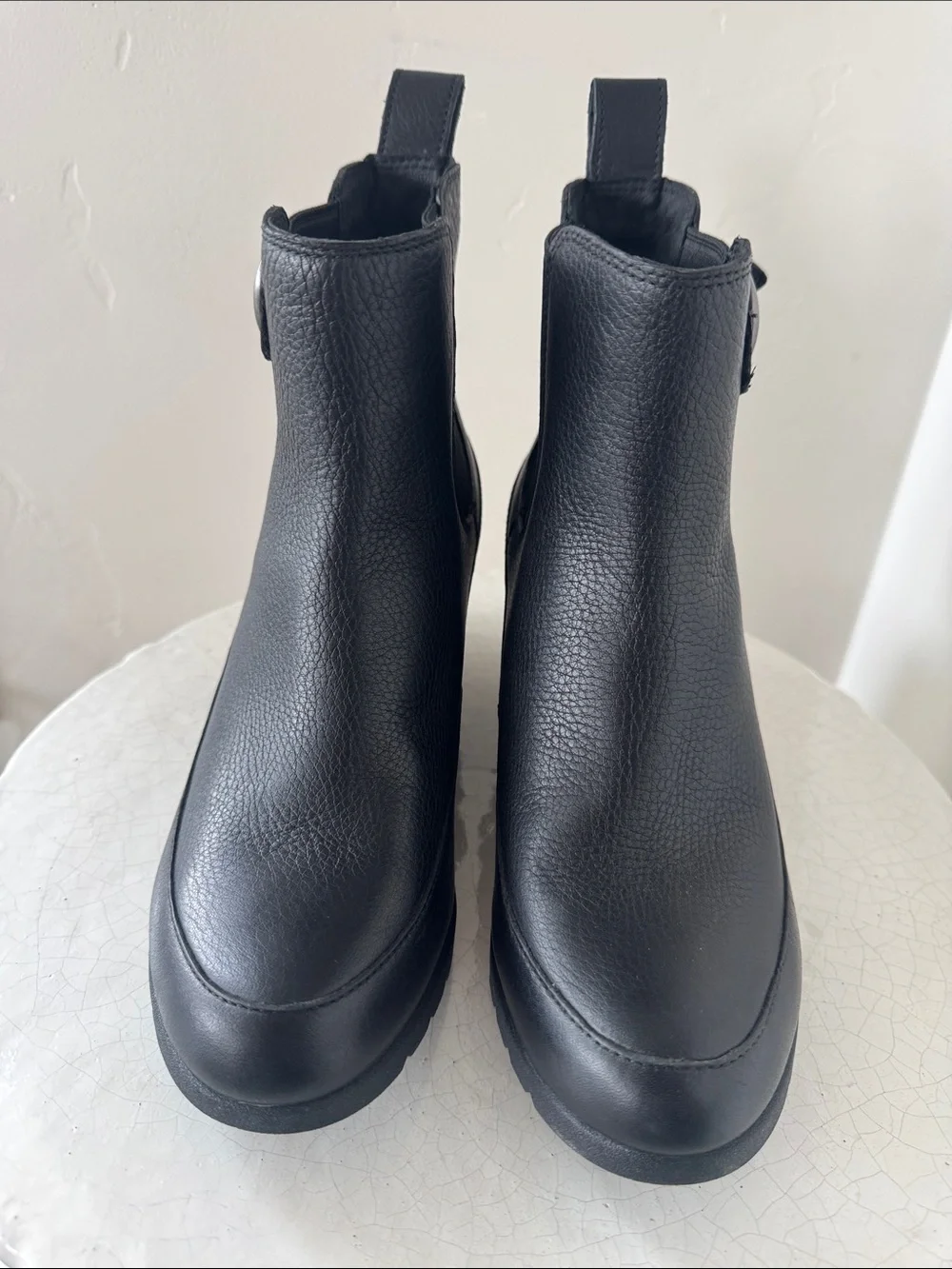 UGG ARLETA Black Leather Waterproof Wedge Chelsea Booties with Buckle Size 8.5